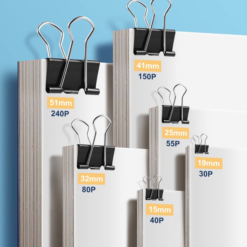 EFOK 208 PCS Binder Clips Paper Clamps Assorted Sizes, Metal Paper Binder Clip, Black Binding Paperwork Clamp Bulk, School Teachers Office Supplies - Image 5
