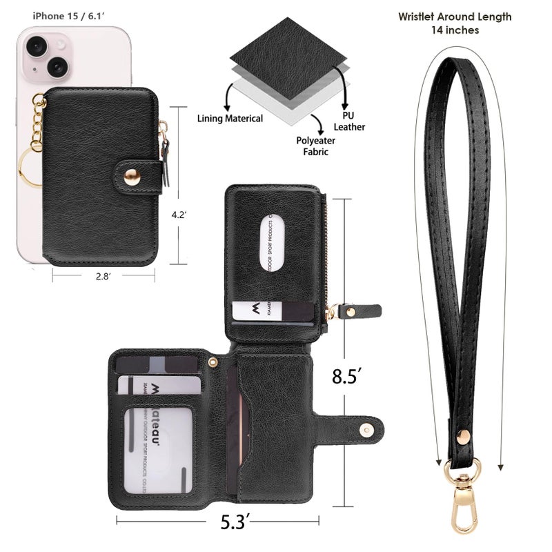 M-Plateau Wallet, Womens card Holder Leather Keychain Wallet With Zipper Coin Pocket ID Window Wrist Strap Gift Box (Black) - Image 2