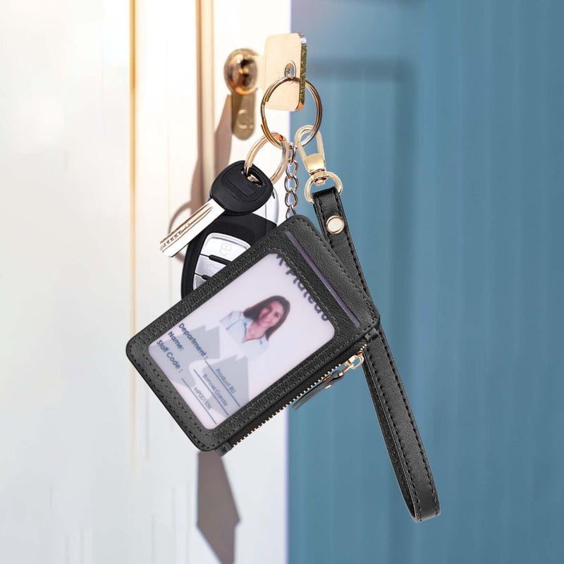 M-Plateau Wallet, Womens card Holder Leather Keychain Wallet With Zipper Coin Pocket ID Window Wrist Strap Gift Box (Black) - Image 4