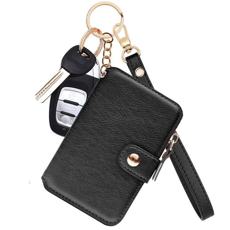 M-Plateau Wallet, Womens card Holder Leather Keychain Wallet With Zipper Coin Pocket ID Window Wrist Strap Gift Box (Black) - Image 1