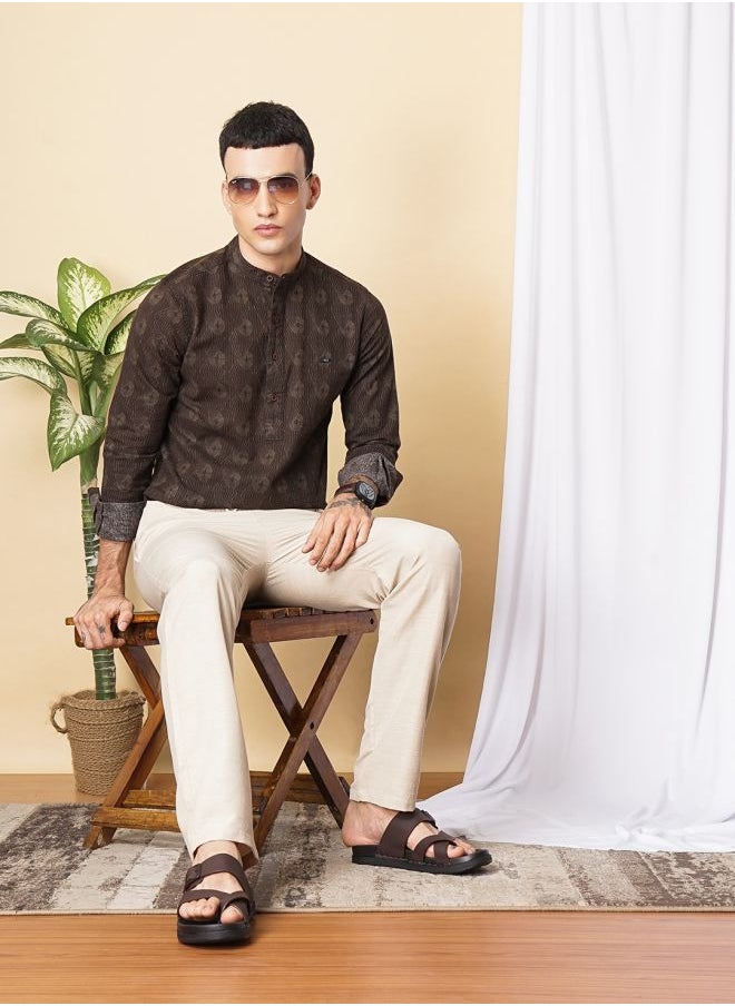The Indian Garage Co - Men Regular Fit Abstract Printed Full Sleeves Mandarin Collar Ethnic Shirt - Image 1