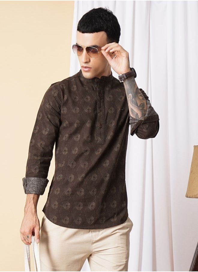 The Indian Garage Co Men Regular Fit Abstract Printed Full Sleeves Mandarin Collar Ethnic Shirt  - Image 4