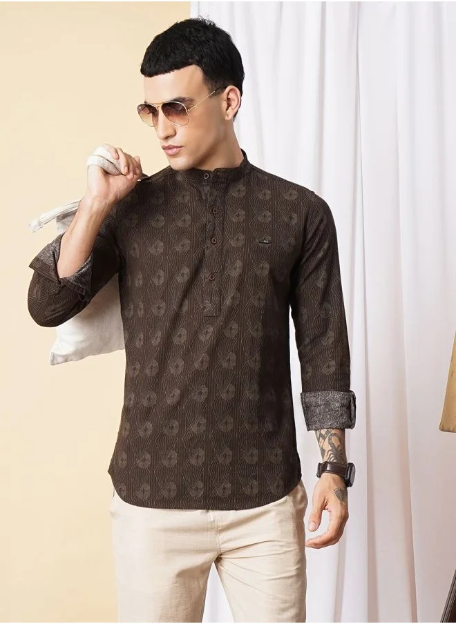 The Indian Garage Co Men Regular Fit Abstract Printed Full Sleeves Mandarin Collar Ethnic Shirt