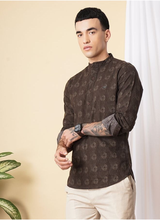 The Indian Garage Co Men Regular Fit Abstract Printed Full Sleeves Mandarin Collar Ethnic Shirt  - Image 3