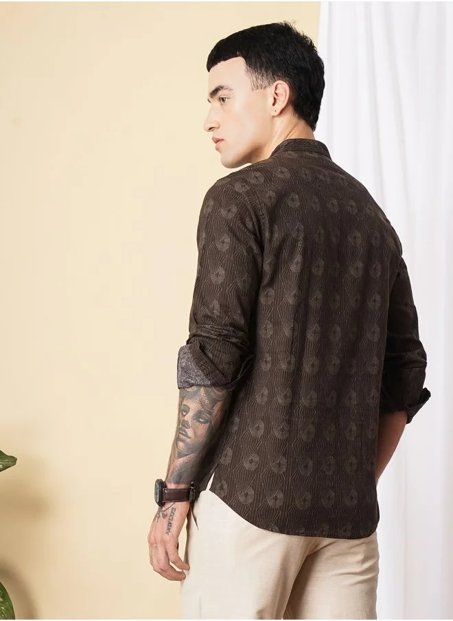 The Indian Garage Co Men Regular Fit Abstract Printed Full Sleeves Mandarin Collar Ethnic Shirt