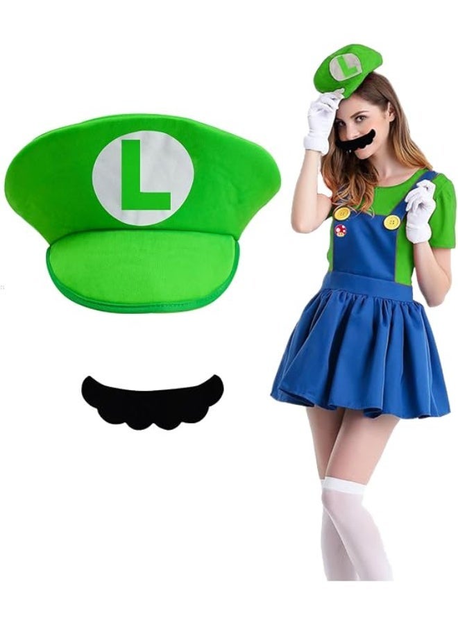 Green Luigi Hat & Fake Mustache Cosplay Accessory Set, Classic Game Character Costume Props, Unisex Dress Up Kit for Kids Adults, Ideal for Birthday Party, Eid Celebration, Themed Cosplay & Photo Booth - Image 1
