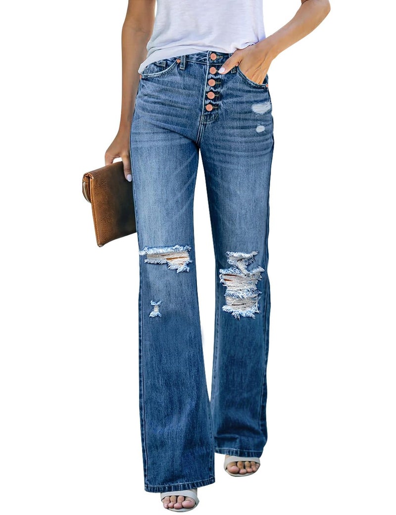 LookbookStore Flared Pants for Women High Waist Big and Tall Western Clothing Distressed Jeans Women Stretchy Lapis Longing Size Large Fits Size 12 / 14 - Image 1
