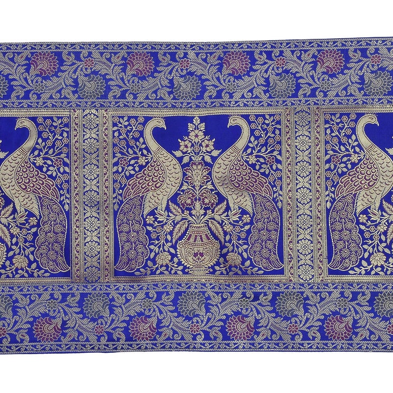 E - Ezra EEZRA Rajasthani Hand Art Peacock Work Design Silk Table Runner Table Cloth 60 x 16 Inch Royal Blue - Image 2