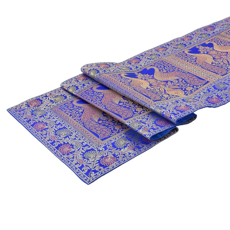 E - Ezra EEZRA Rajasthani Hand Art Peacock Work Design Silk Table Runner Table Cloth 60 x 16 Inch Royal Blue - Image 3