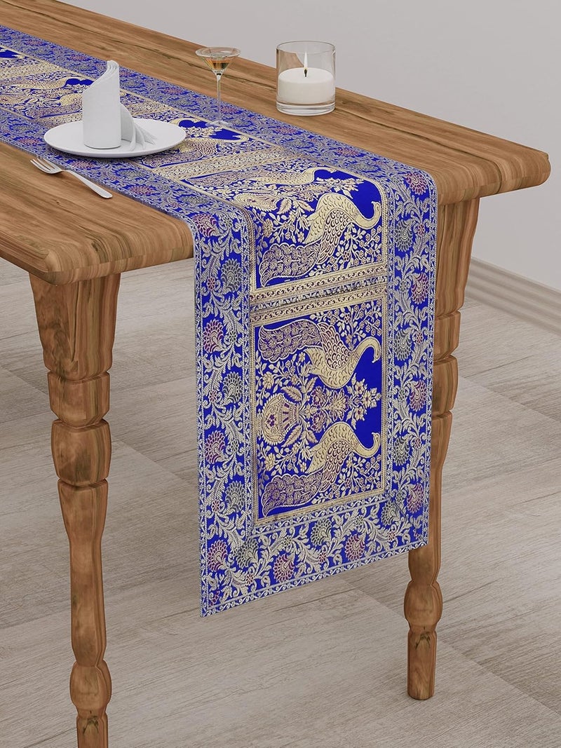 E - Ezra EEZRA Rajasthani Hand Art Peacock Work Design Silk Table Runner Table Cloth 60 x 16 Inch Royal Blue - Image 1