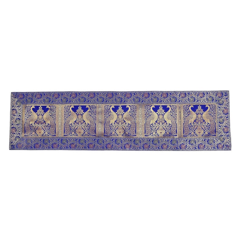 E - Ezra EEZRA Rajasthani Hand Art Peacock Work Design Silk Table Runner Table Cloth 60 x 16 Inch Royal Blue - Image 4
