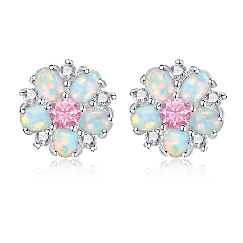 CiNily Flower Earrings, Pink Opal Stud Earrings Sterling Silver Plated Studs for Women, Ladies Flower Studs Ear Rings Cute Unique Earring - Image 1