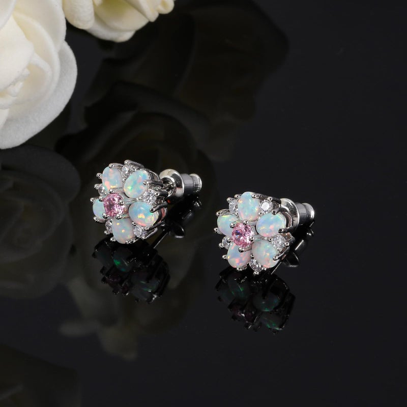 CiNily Flower Earrings, Pink Opal Stud Earrings Sterling Silver Plated Studs for Women, Ladies Flower Studs Ear Rings Cute Unique Earring - Image 5