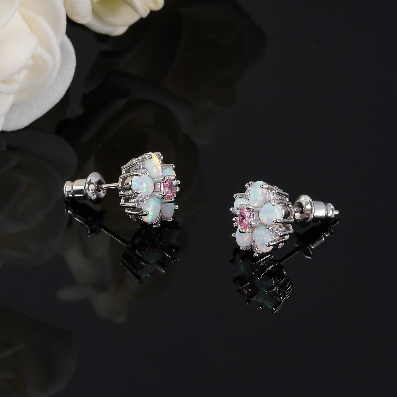 CiNily Flower Earrings, Pink Opal Stud Earrings Sterling Silver Plated Studs for Women, Ladies Flower Studs Ear Rings Cute Unique Earring - Image 4