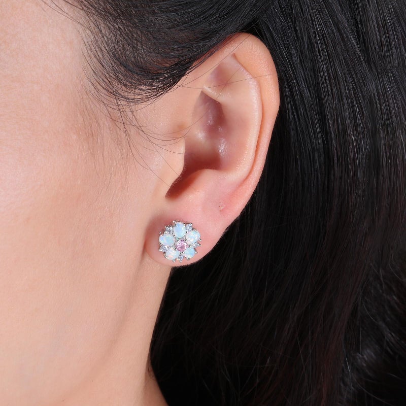 CiNily Flower Earrings, Pink Opal Stud Earrings Sterling Silver Plated Studs for Women, Ladies Flower Studs Ear Rings Cute Unique Earring - Image 2