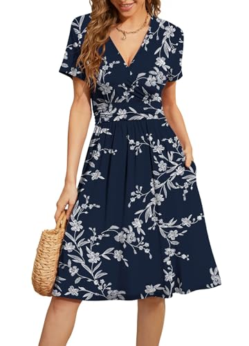 WEACZZY Women Summer Casual Short Sleeve Dresses Empire Waist Dress with Pockets,Floral White Navy,XL - Image 5