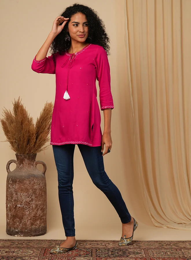 globus Globus Pink Embellished Tie -Up Workwear Tunic