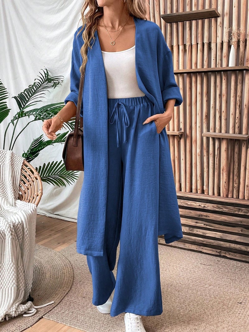 Women's Casual Two-Piece Set: Long Cardigan & Wide-Leg Pants, Loose Fit, Spring/Autumn