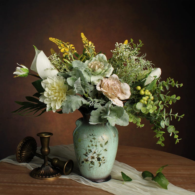 WAKISAKI Faux Flowers in Ceramic Vase Artificial Flower Arrangement Decoration for Home Kitchen Living Dining Room Coffee Table Centerpieces Deco 15 x 14 inches Green
