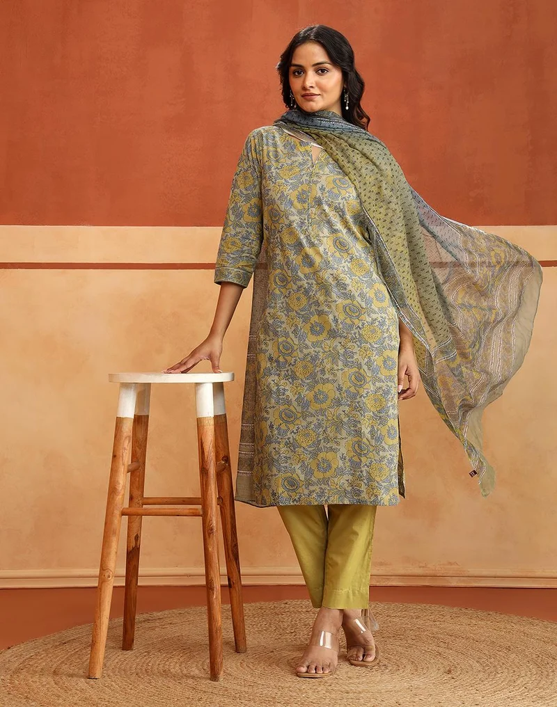 Avni Sage Cotton Printed Floral Kurta, Pant & Dupatta Set