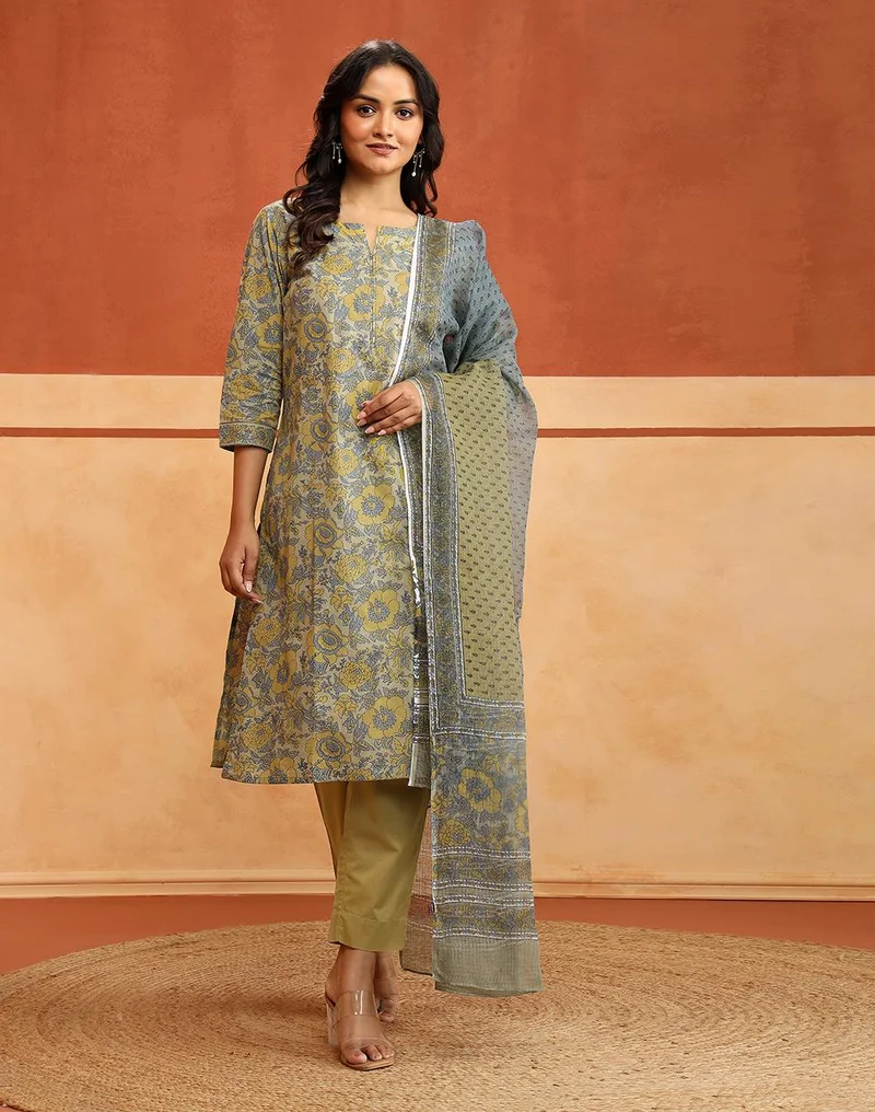 Fabindia  Avni Sage Cotton Printed Floral Kurta, Pant & Dupatta Set for Women | Best Price UAE