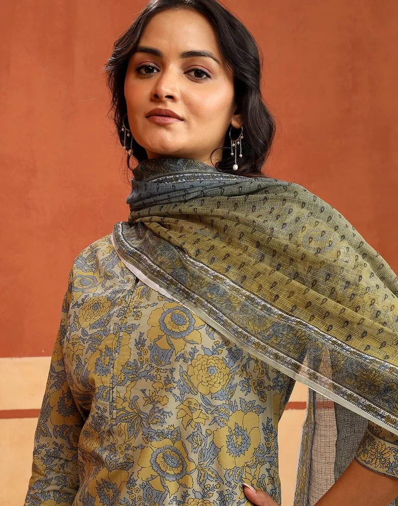 Fabindia  Avni Sage Cotton Printed Floral Kurta, Pant & Dupatta Set for Women | Best Price UAE