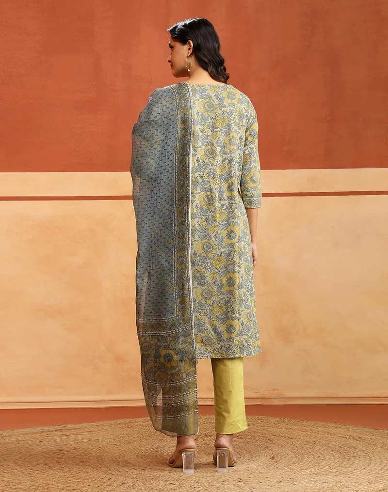 Fabindia  Avni Sage Cotton Printed Floral Kurta, Pant & Dupatta Set for Women | Best Price UAE