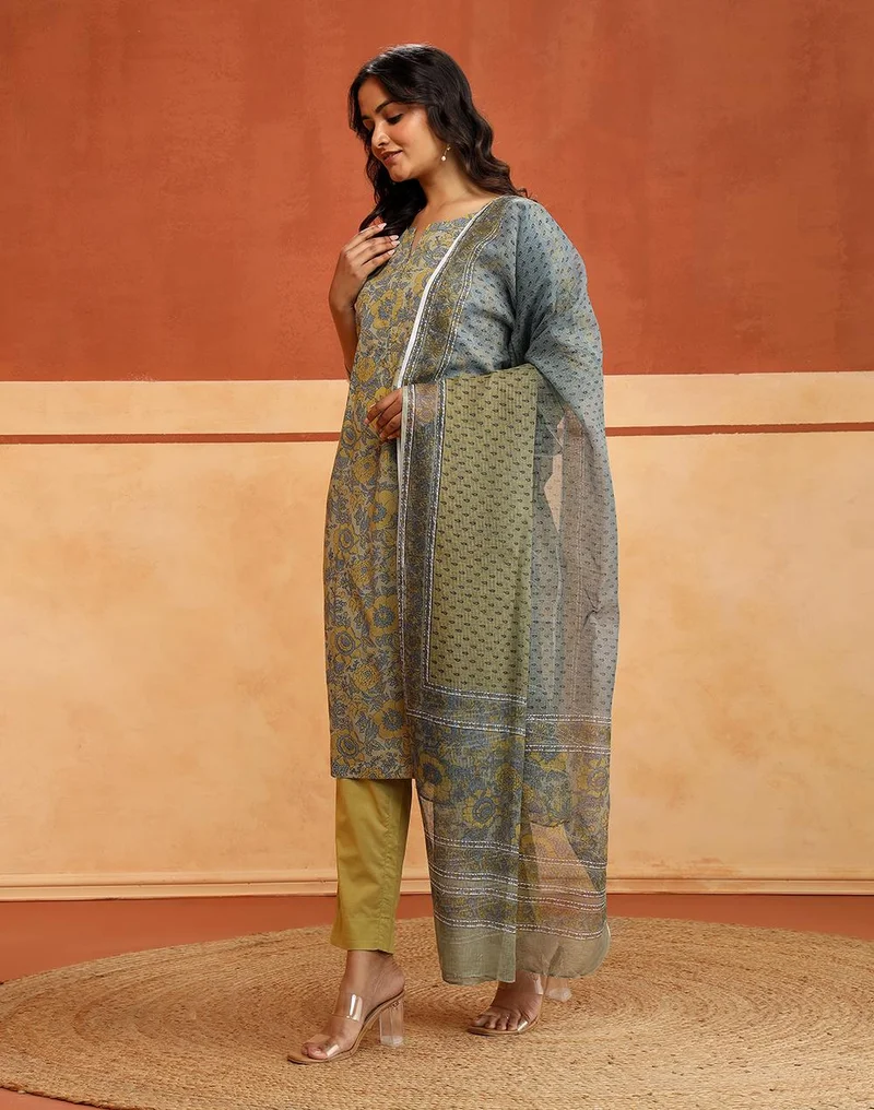 Fabindia  Avni Sage Cotton Printed Floral Kurta, Pant & Dupatta Set for Women | Best Price UAE