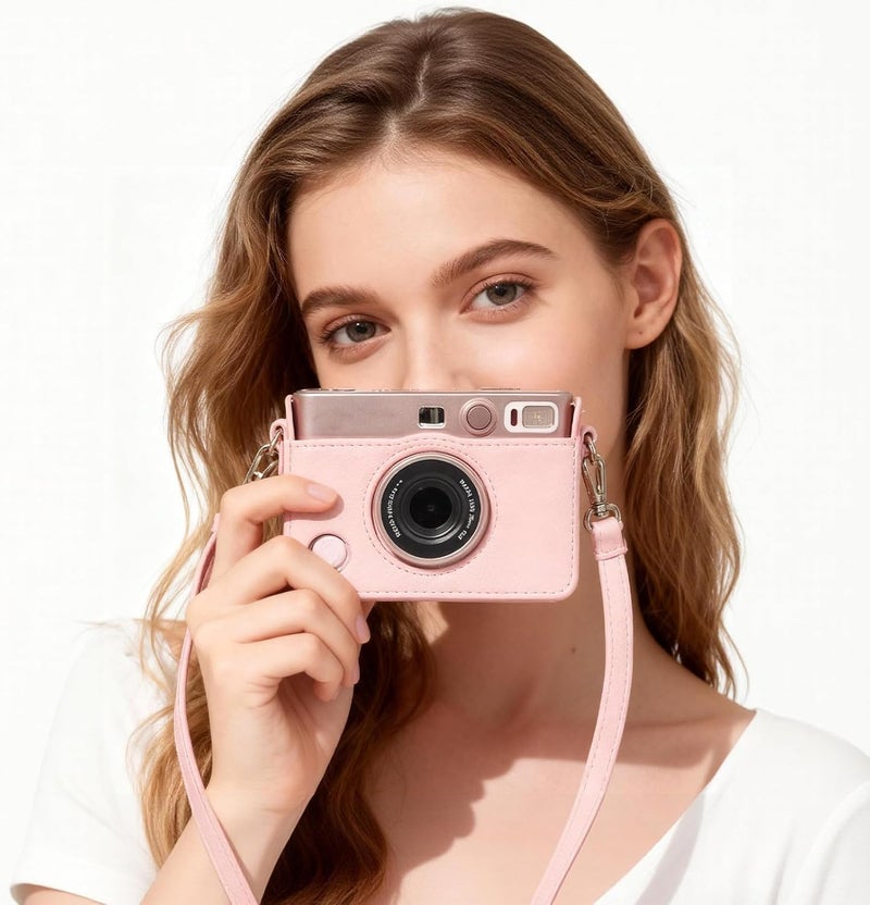 حقيبة كاميرا متوافقة مع Fujifilm Instax Mini EVO، حقيبة واقية باللون الوردي الفاتح مع حزام كتف، حقيبة تخزين ضيقة المقاس - Image 2