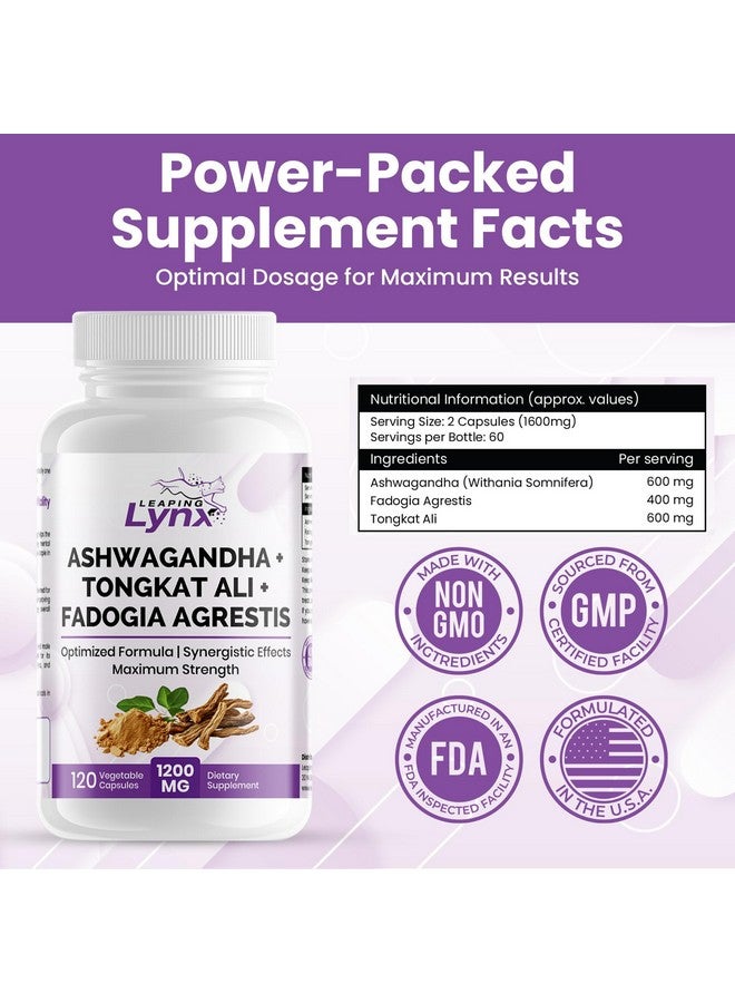 Leaping Lynx Ashwagandha + Tongkat Ali + Fadogia Agrestis - 120 Capsules, 1200mg Per Serving - Powerful Herbal Blend for Energy, Stamina & Vitality - Synergistic Formula for Active Lifestyles - 3rd Party Tested - Image 3