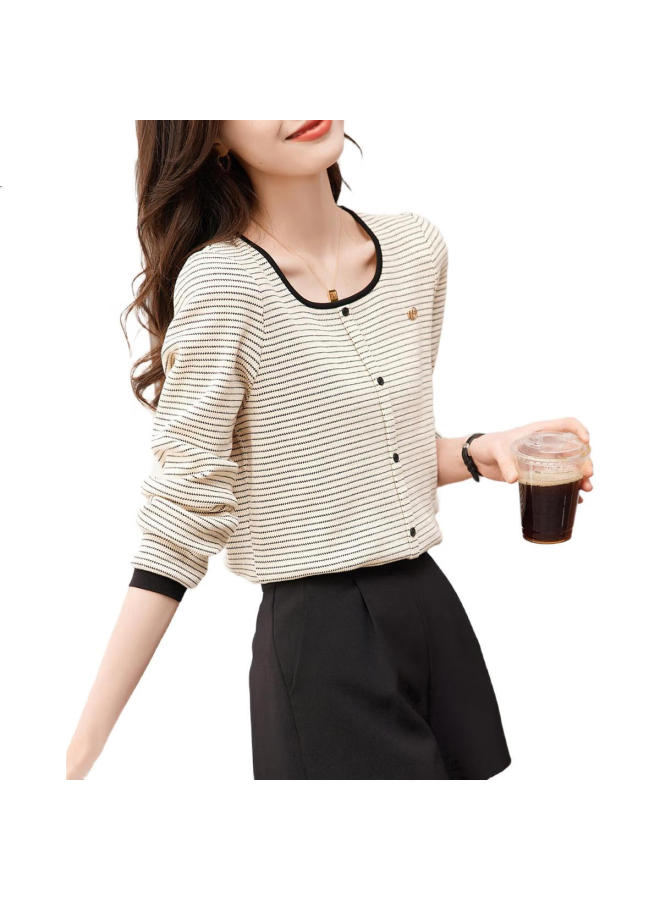 dme Demana [Contrasting Striped Elastic Knit Striped Women'S T-Shirt], Spring And Autumn Round Neck Puff Sleeve T-Shirt For Women, Apricot Color, Size L - Image 3