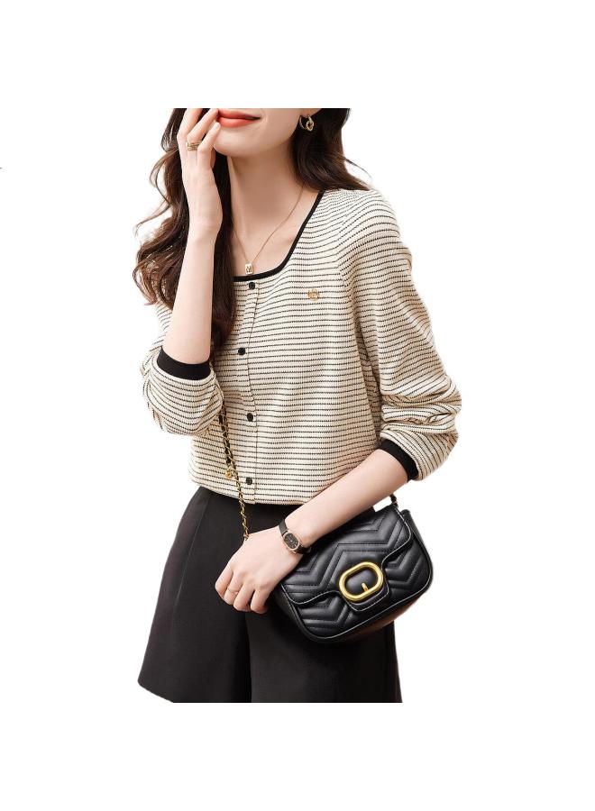 dme Demana [Contrasting Striped Elastic Knit Striped Women'S T-Shirt], Spring And Autumn Round Neck Puff Sleeve T-Shirt For Women, Apricot Color, Size L - Image 2