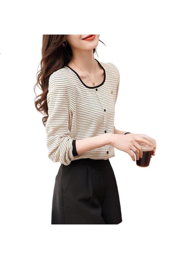 dme Demana [Contrasting Striped Elastic Knit Striped Women'S T-Shirt], Spring And Autumn Round Neck Puff Sleeve T-Shirt For Women, Apricot Color, Size L - Image 1