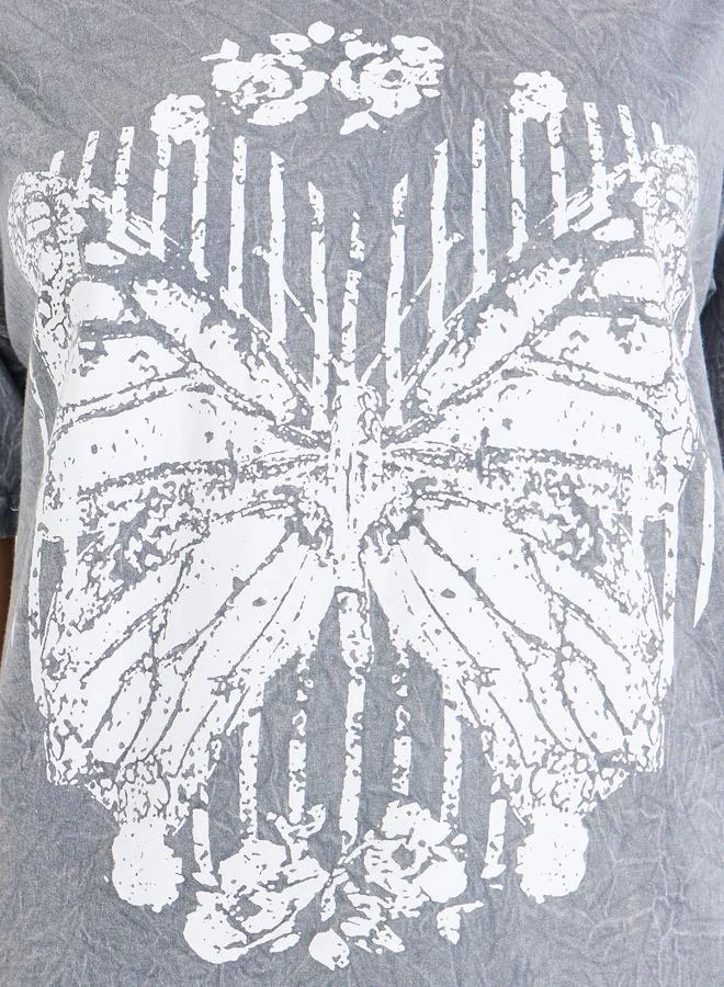 Styli Oversized Acid Wash Butterfly Graphic Print T-Shirt