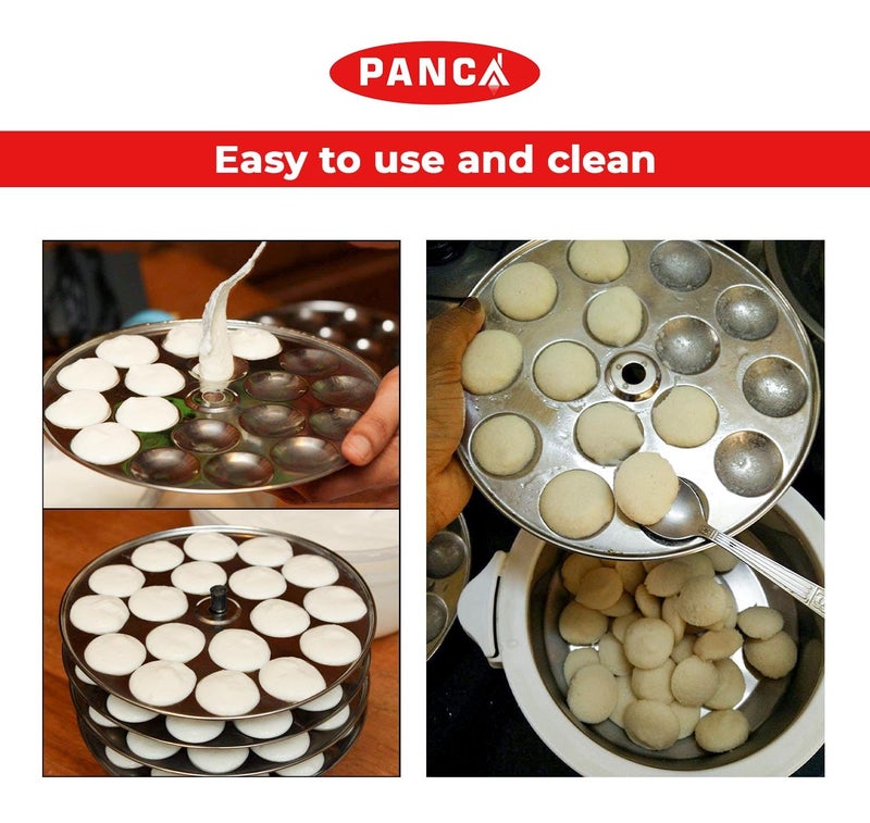 PANCA Stainless Steel Multi Purpose Kadai with Steel Lid, Idli Maker 2 Idli Plate 8 Cavity Idli Cooker Stainless Steel Idly Pot with Steamer (3 Plate) - Image 3