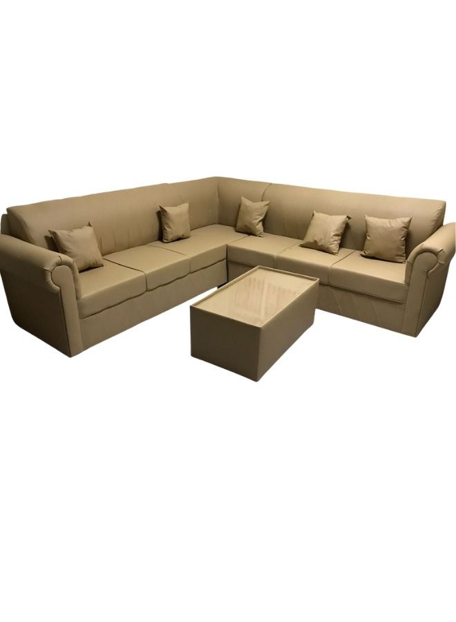 Maharat Al Bahar L Shaped Pvc Lather Sofa Set 4 Seater with Cushion & table Beige250X80X80  - Image 1