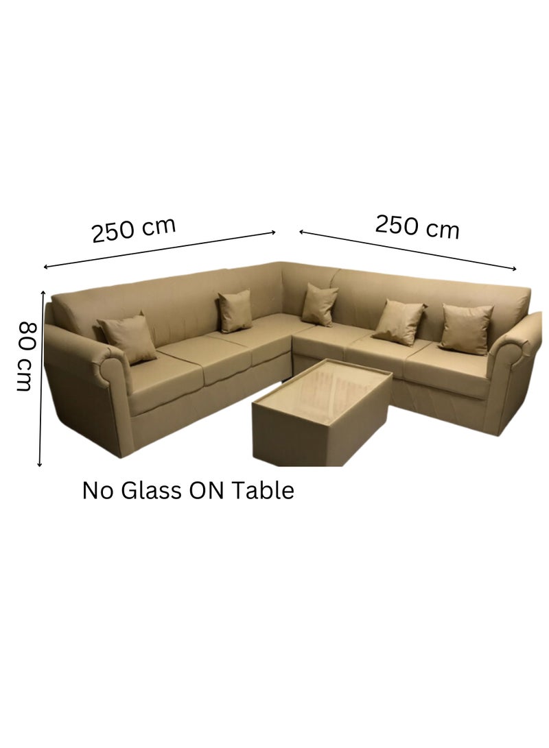 Maharat Al Bahar L Shaped Pvc Lather Sofa Set 4 Seater with Cushion & table Beige250X80X80  - Image 2