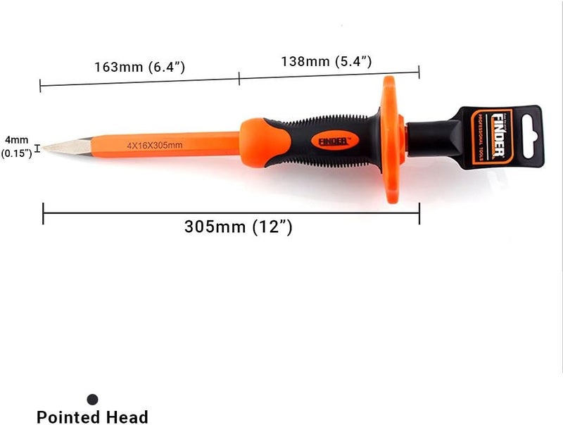 FINDER 12-Inch Heavy Duty Pointed Chisels With Hand Protection, Pointed/Spear Head, Demolishing/Masonry/Carving/Concrete Breaker Chisels with Bi-Material Hand Guard - Image 3