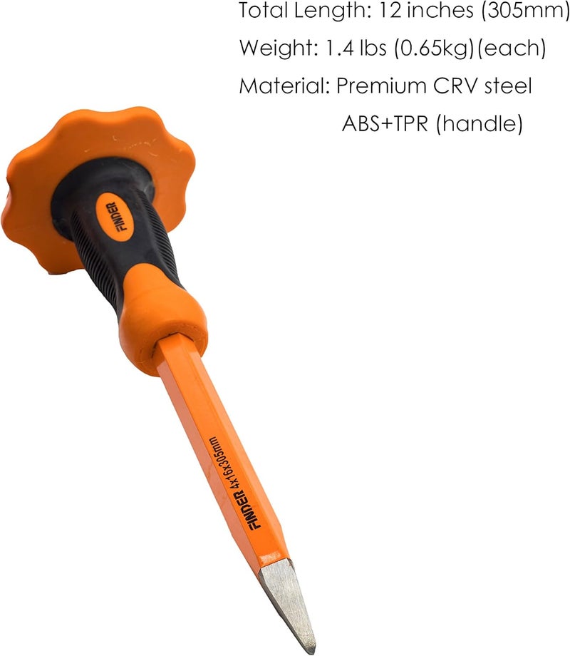 FINDER 12-Inch Heavy Duty Pointed Chisels With Hand Protection, Pointed/Spear Head, Demolishing/Masonry/Carving/Concrete Breaker Chisels with Bi-Material Hand Guard - Image 2