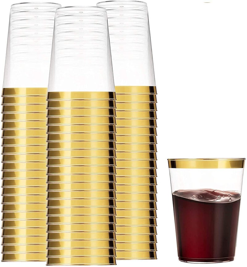 LATERN 50Pcs Gold Rimmed Plastic Cups 360ml Plastic Tumblers Reusable Drink Cups Elegant Party Wine Glasses for Champagne Beer Cocktail Martini Soda Dessert 105 x 75cm