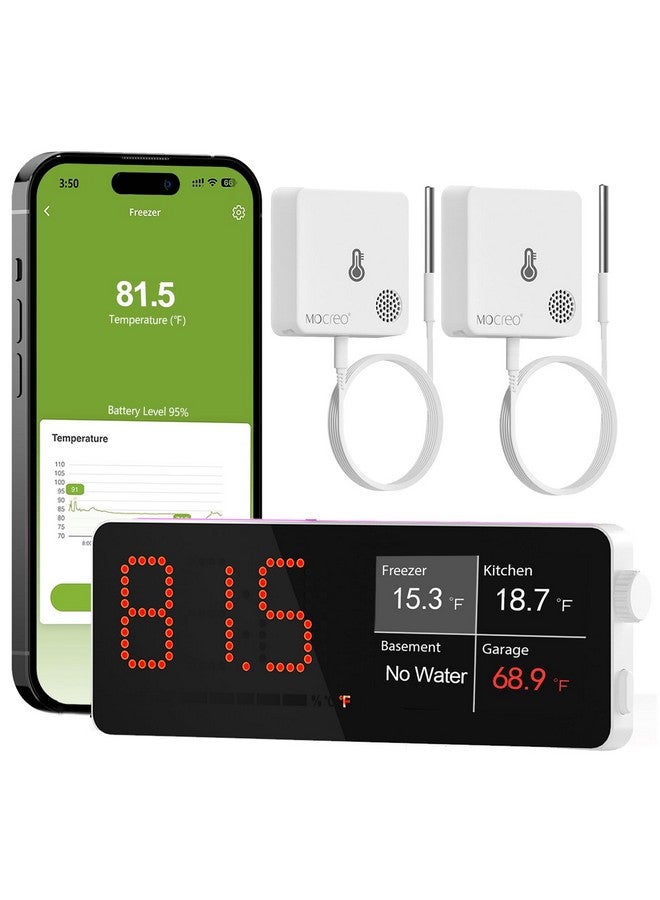 Mocreo WiFi Freezer Thermometer Alarm with Digital Monitor Hub, App and Email Alerts, 2-Year Data Export, 2 Remote Temperature Sensors for Refrigerator, Fridge, Freezer - Image 1