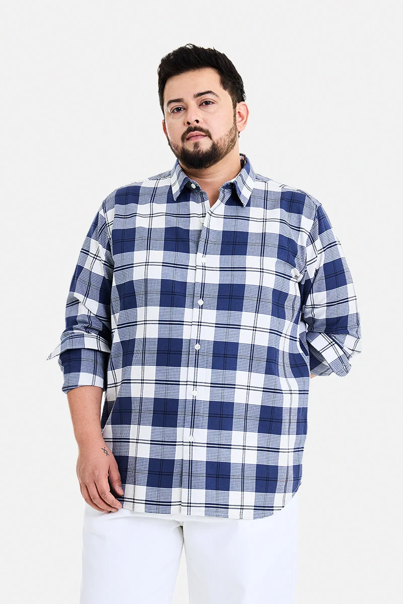 سنيتش Navy Blue Checkered Long Sleeve Regular Fit Casual Plus Size Shirt