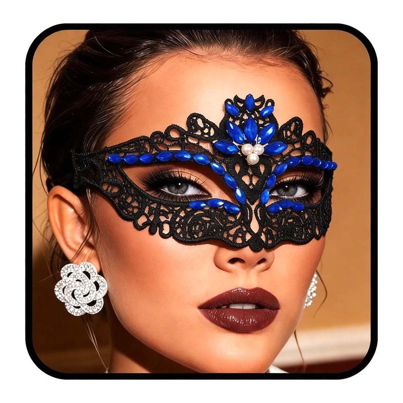 Yalice Black Masquerade Lace Masks Women Eye Mask Sparkle Beaded Venetian Costume Accessories for Halloween Party (Blue) - Image 1