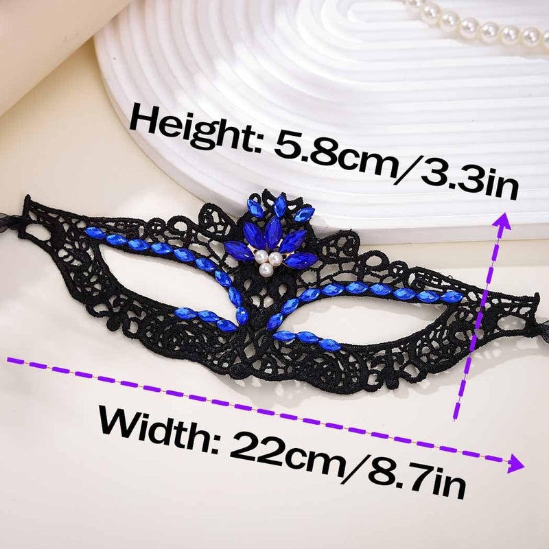 Yalice Black Masquerade Lace Masks Women Eye Mask Sparkle Beaded Venetian Costume Accessories for Halloween Party (Blue) - Image 2