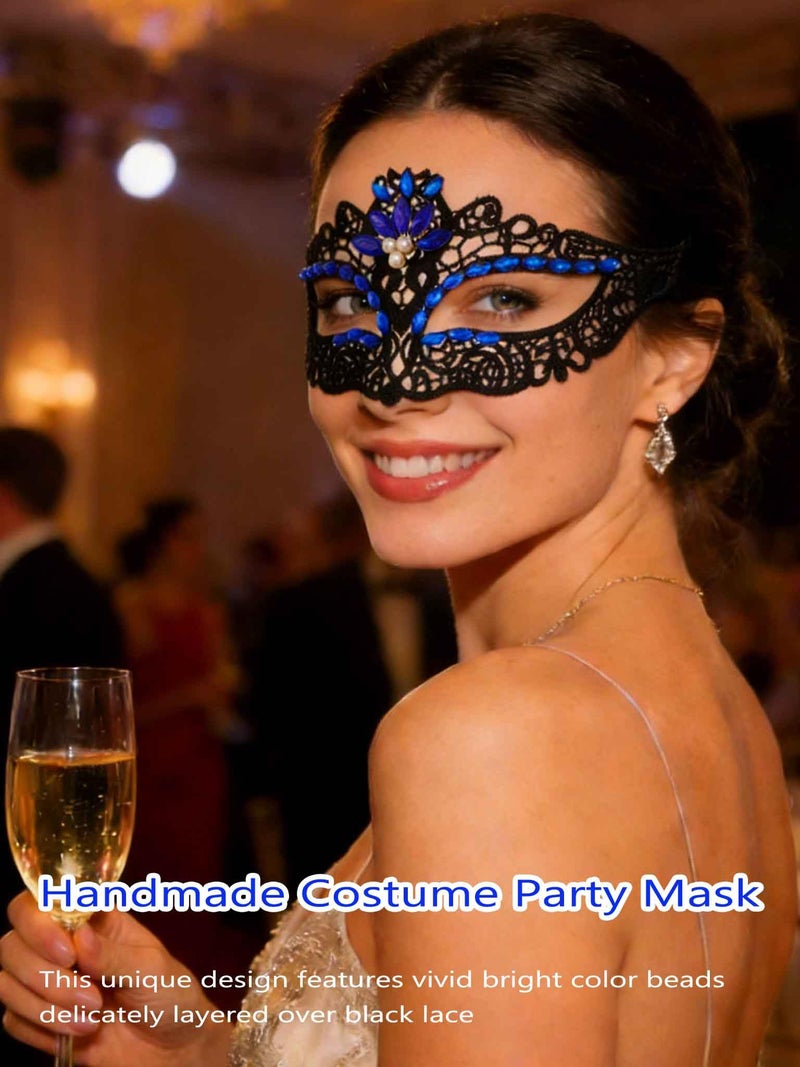 Yalice Black Masquerade Lace Masks Women Eye Mask Sparkle Beaded Venetian Costume Accessories for Halloween Party (Blue) - Image 5
