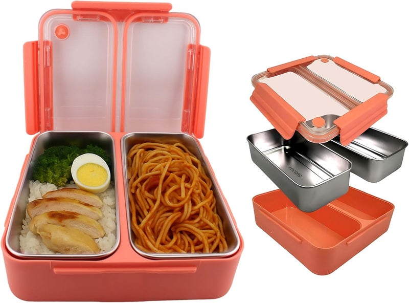 BrainGiggles Stainless Steel Bento Lunch Box with 2 Compartments - Leak Proof Bento Box for Kids, Adults -Multifunctional Air Tight Tiffin Lunchbox for Office, School (Orange) - Image 3
