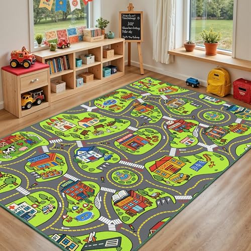 Arenarug Upgrade Ultra Non Slip Kids Car Rug, Kids Road Playmat Rug for Toy Cars, Educational Town City Map Washable Carpet for Boys Playroom Bedroom, Safer Car Track Play Mat for Children Toddler, 140"x84" - Image 1