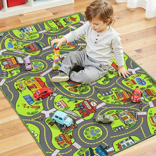 Arenarug Upgrade Ultra Non Slip Kids Car Rug, Kids Road Playmat Rug for Toy Cars, Educational Town City Map Washable Carpet for Boys Playroom Bedroom, Safer Car Track Play Mat for Children Toddler, 140"x84" - Image 3