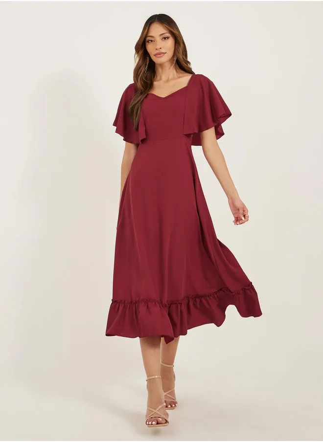 ستايلي Solid Sweetheart Neck Cape Sleeves A-Line Midi Dress