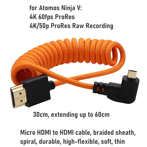 HangTon Right Angle MicroHDMI to HDMI 4K60 8K Raw Cable for ATOMOS Ninja V Ultra Sony ZVE10 A7C A7R4 A6700 Canon R6II R5C R10 Lumix S5 S9 G100 Fujifilm XT50 Orange Braided Coiled 30cm - Image 3